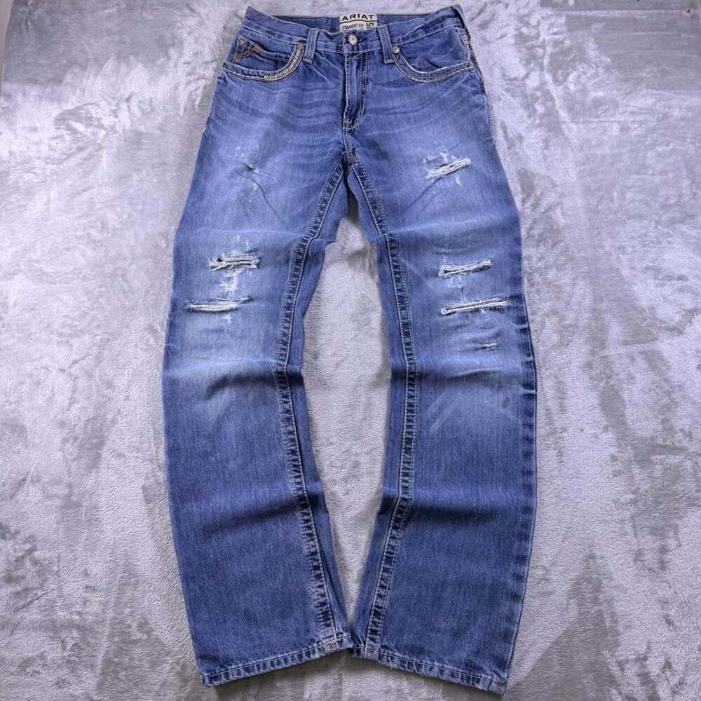 Ariat Rebar M5 Straight Fit Jeans Mens 30x34.5 Blue Distressed Denim Western